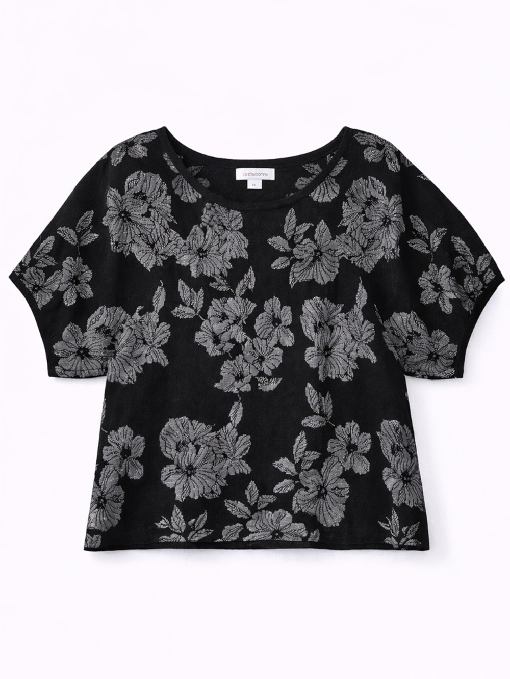 NWT Liz Claiborne Womens Black And Silver Floral Top Short Sleeve Petite Large